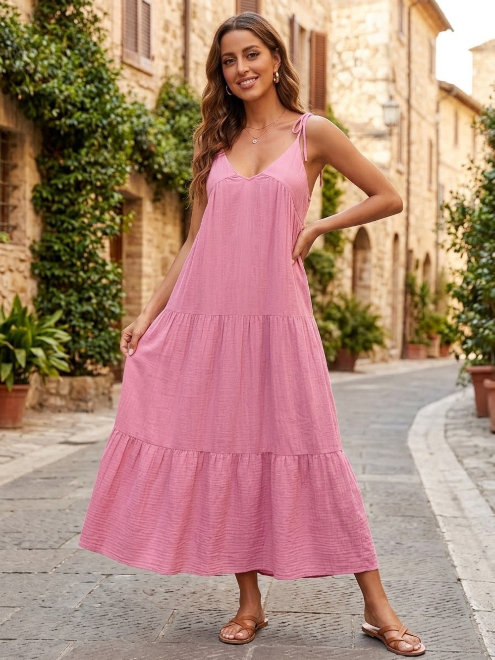 Zara Cotton Gauze Tiered MIDI Pink Dress Boho Resort Vacation , XS